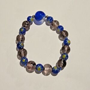 Handmade Sterling Silver Artisan Glass Bead Stretch Bracelet Floral Blue